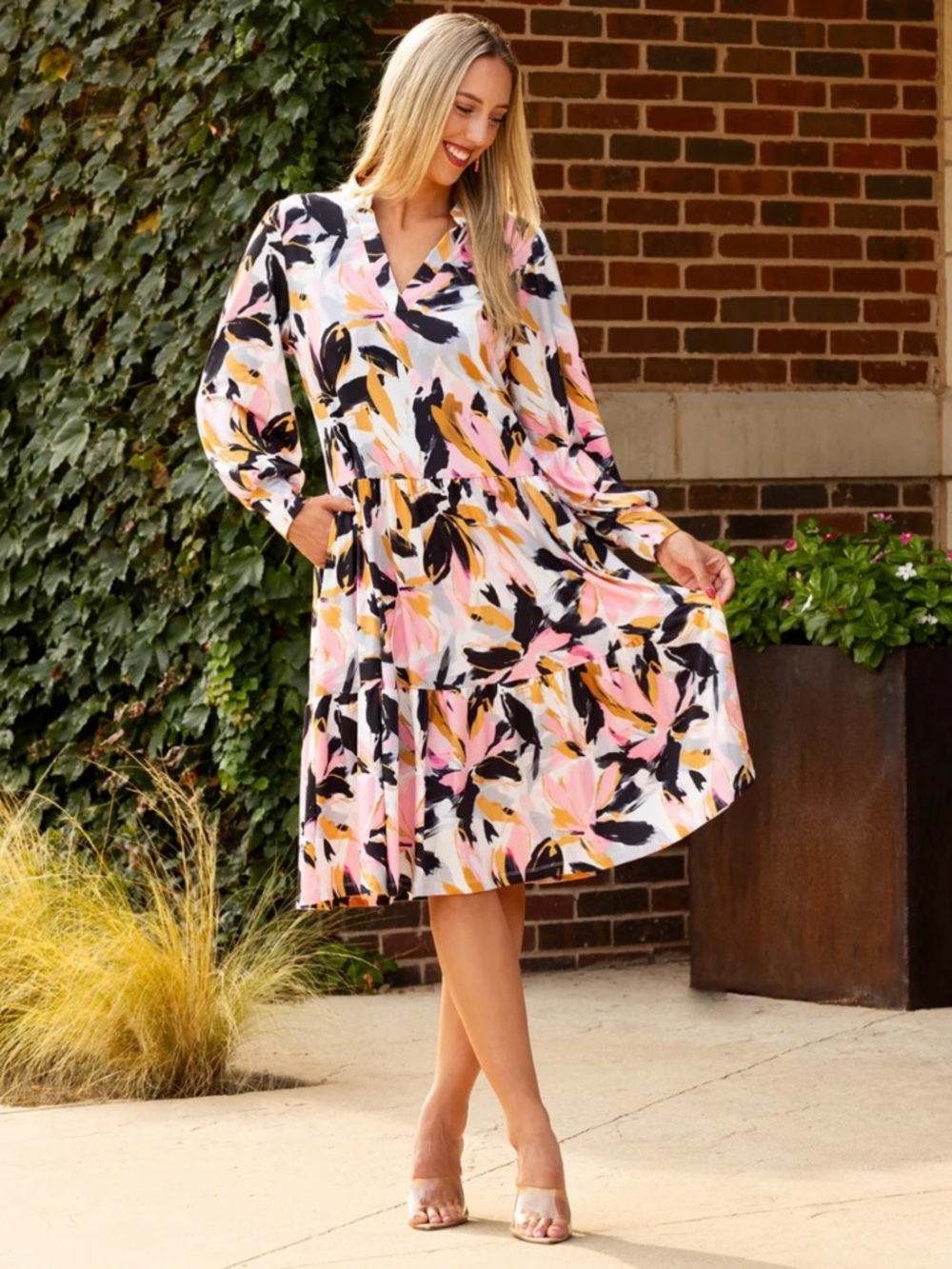 NWT! Floral V-Neck Tiered Midi Dress in Pink, Black & Yellow ✨